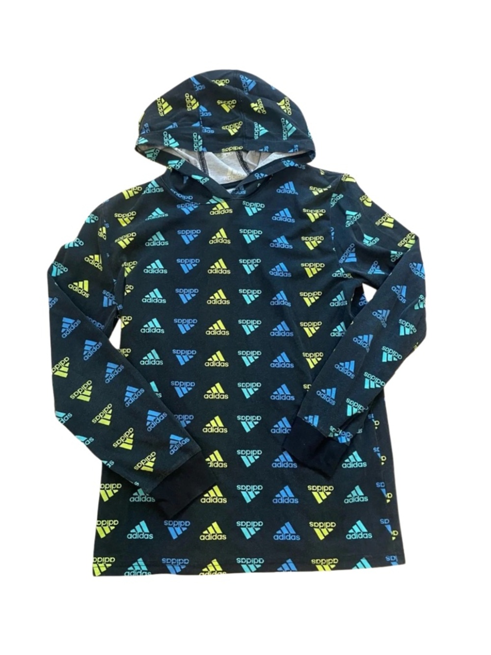 adidas Black Hooded Tee with Blue & Neon Yellow Logos, 14/16 Boys #0052